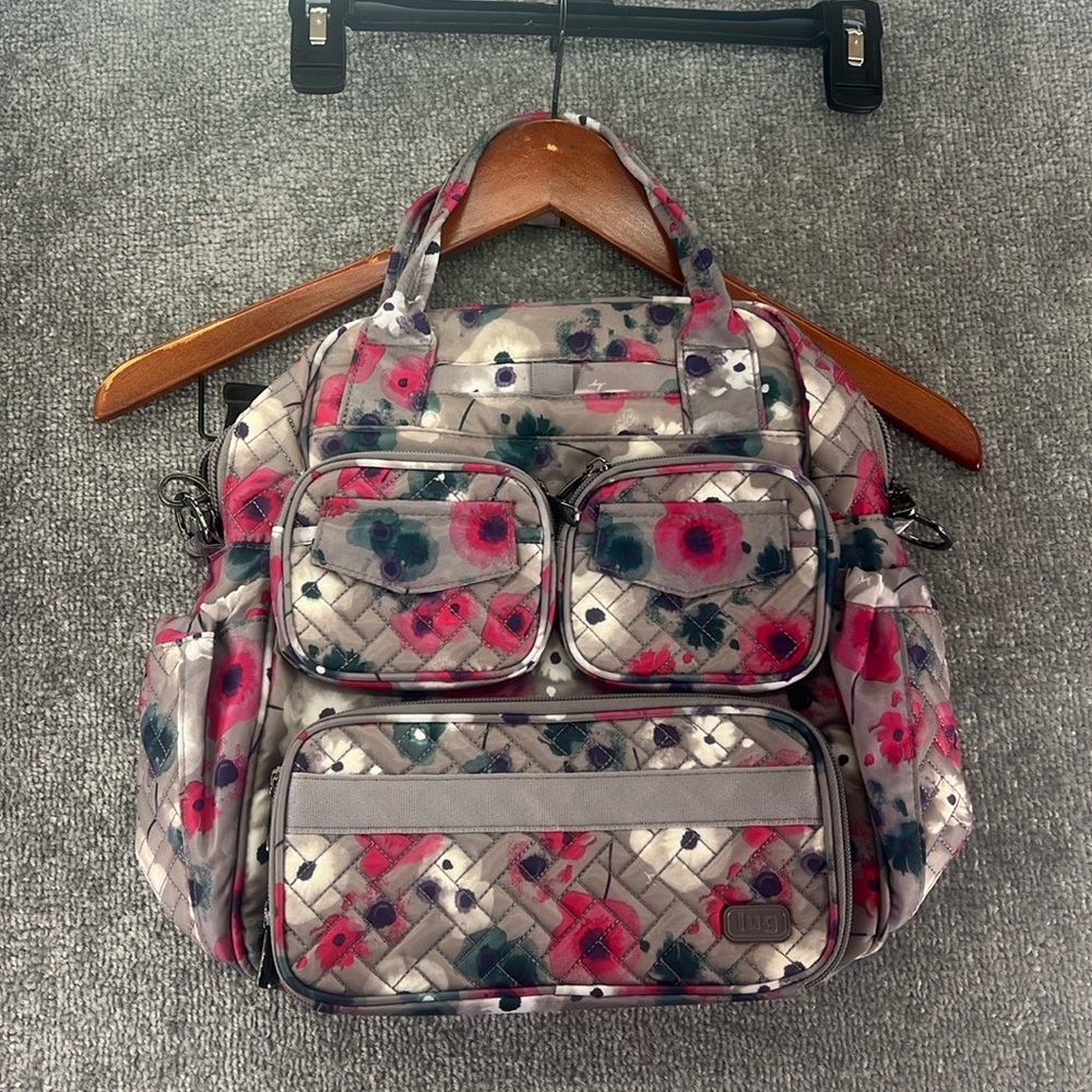 NWT Lug Mini Puddle Jumper Gray Pink Teal Floral Convertible Shoulder Crossbody